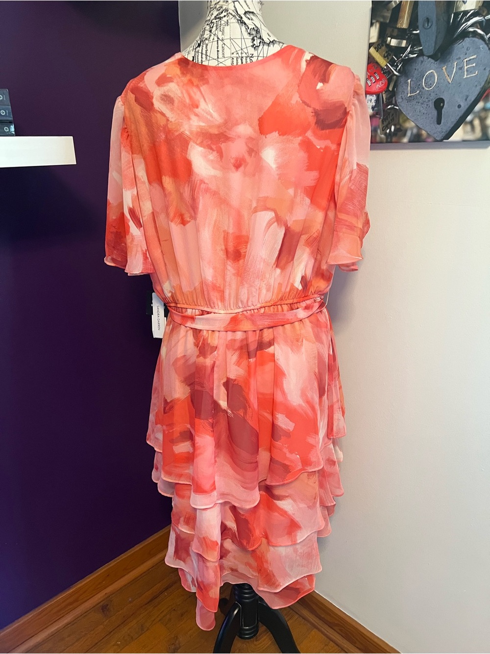 Sandra Darren Plus Size Coral-Pink Tiered Faux Wrap Midi Dress NWT - Picture 8 of 10